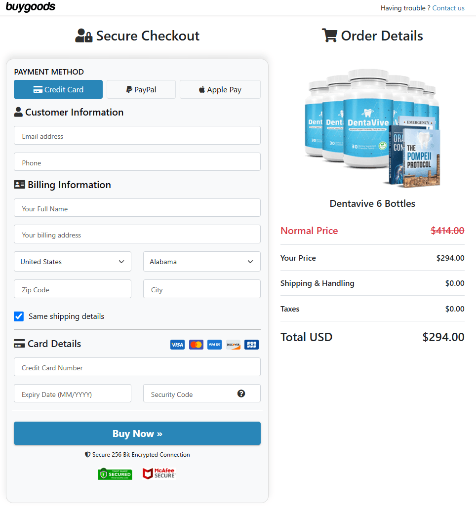 DentaVive secure checkout page
